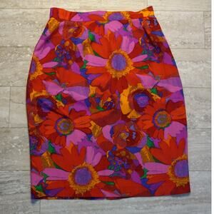 VTG silk red pink floral zipper back pencil skirt SIZE 6